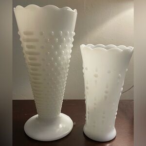 Antique Vintage White Milk Glass Vases Hobnail Lot Of 2 Trumpet Cone 9.5” & 7”